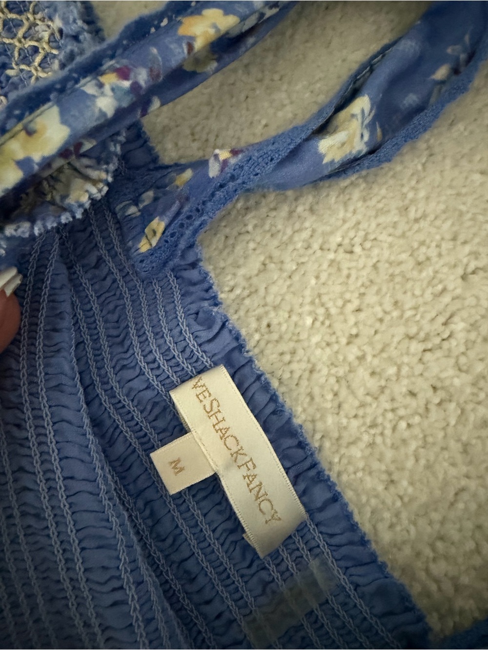 LoveShackFancy Belle Periwinkle Floral Smocked Tie-Shoulder Mini Dress - Picture 3 of 3